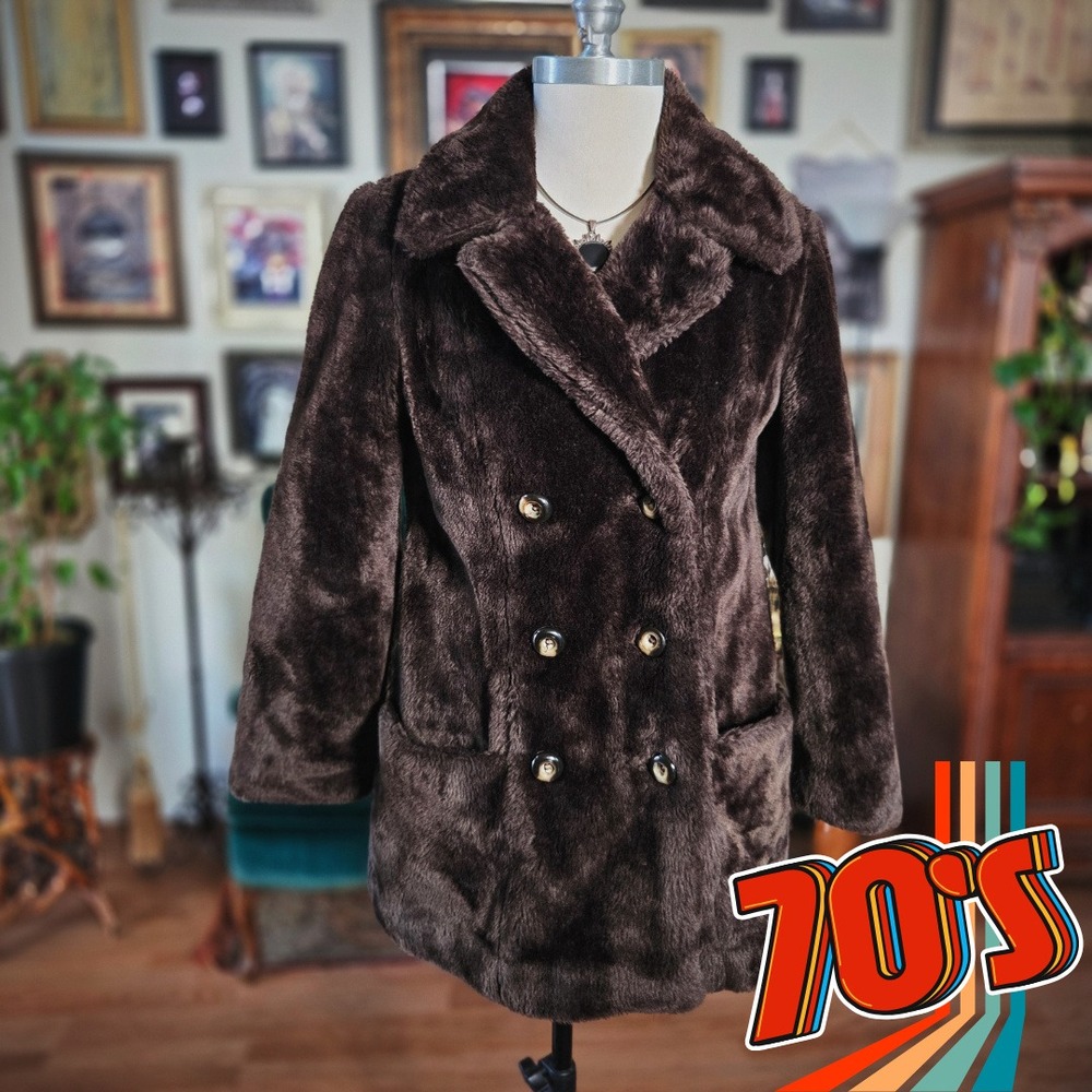 White Stag Faux Fur Coat Vintage 70s Brown Double Breasted Teddy Jacket Medium